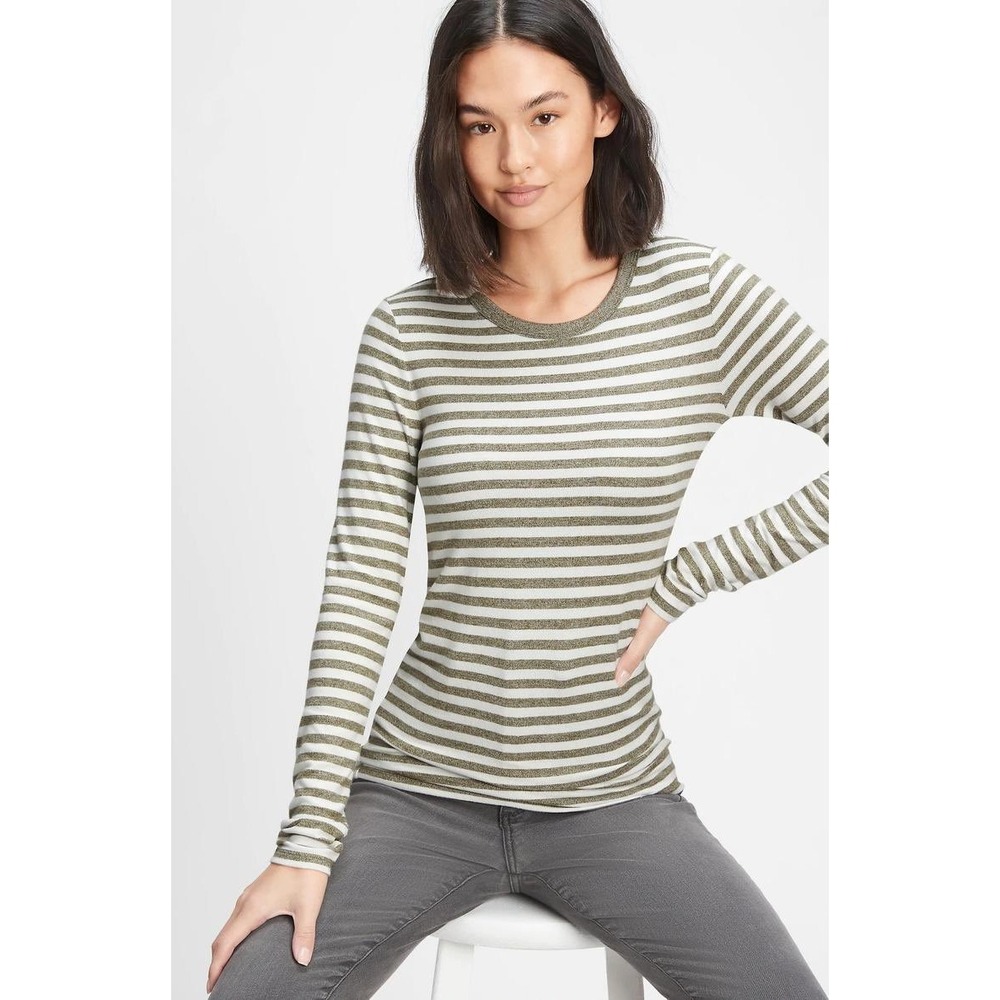 Gap Women's Size XS Long Sleeve Cozy Crewneck T-Shirt Olive Green White Stripes